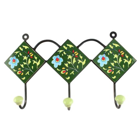 Forest Green Floral Ceramic Tile Wall Hook